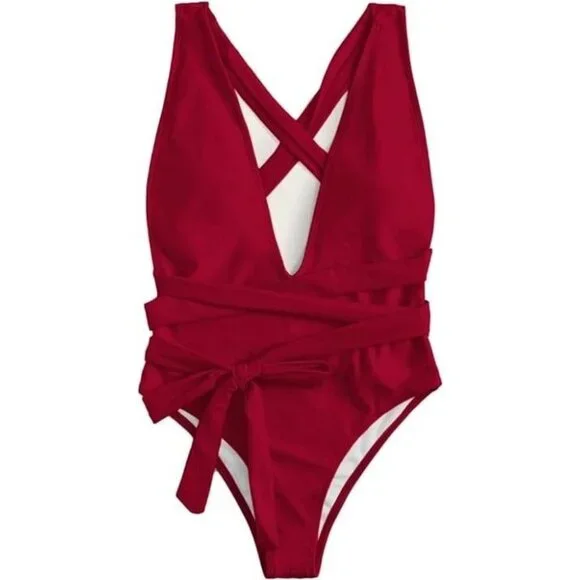 Sexy Tie Criss Cross Plunge One Piece High Cut Brazilian Swimsuit 3XL - Picture 3 of 5